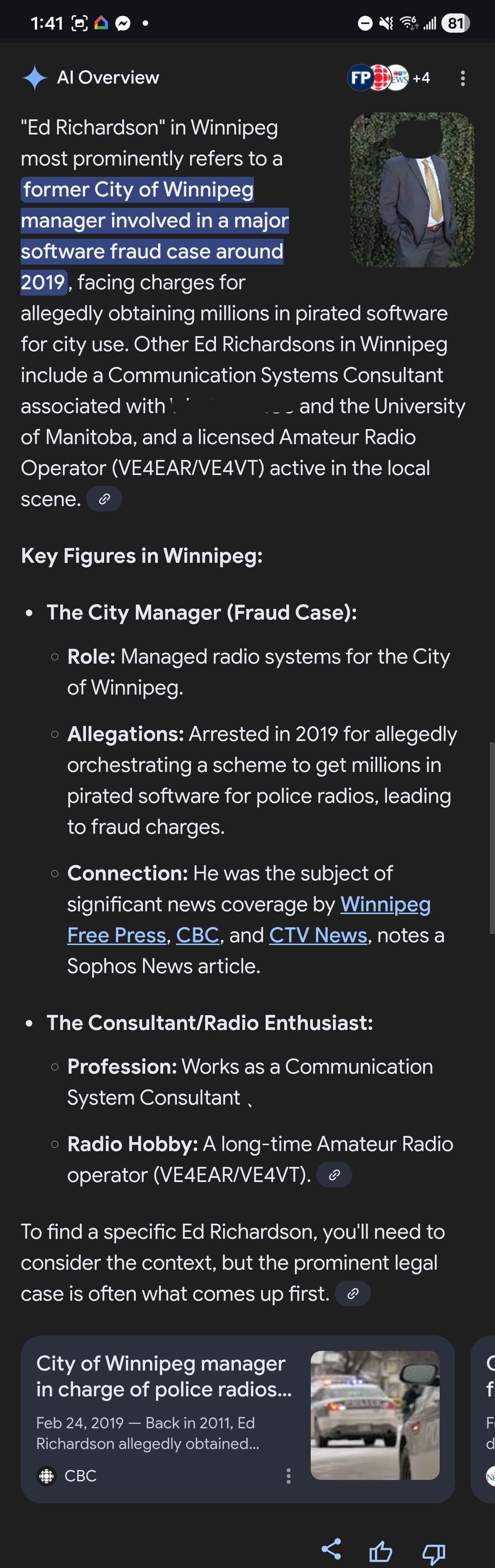 Google AI Overview claiming Ed Richardson "faced charges" and was responsible for a pirated software scheme