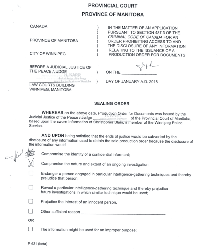 Image of the January 8th, 2018 sealing order, signed by Judicial Justice of the Peace H. Karr.