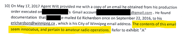 Excerpt from January 8, 2018 production order noting the email contents appeared innocuous and related to amateur radio