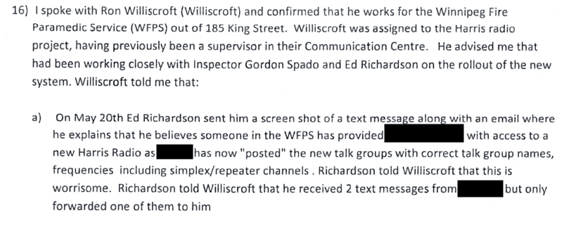 Paragraph 16a of the January 8, 2018 production order, in which D/Sgt. Chris Blain records that Richardson contacted a WFPS colleague in May 2017 to report his concern that a third party had possibly obtained access to a Harris Radio, describing it as worrisome.